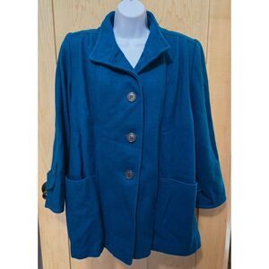 Vintage Womens 100% Wool Teal Coat With Button Front 3/4 Sleeves & Pockets Fully